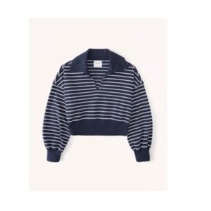 Abercrombie Drama Collar V-Neck crop sweatshirt notch front navy stripes large